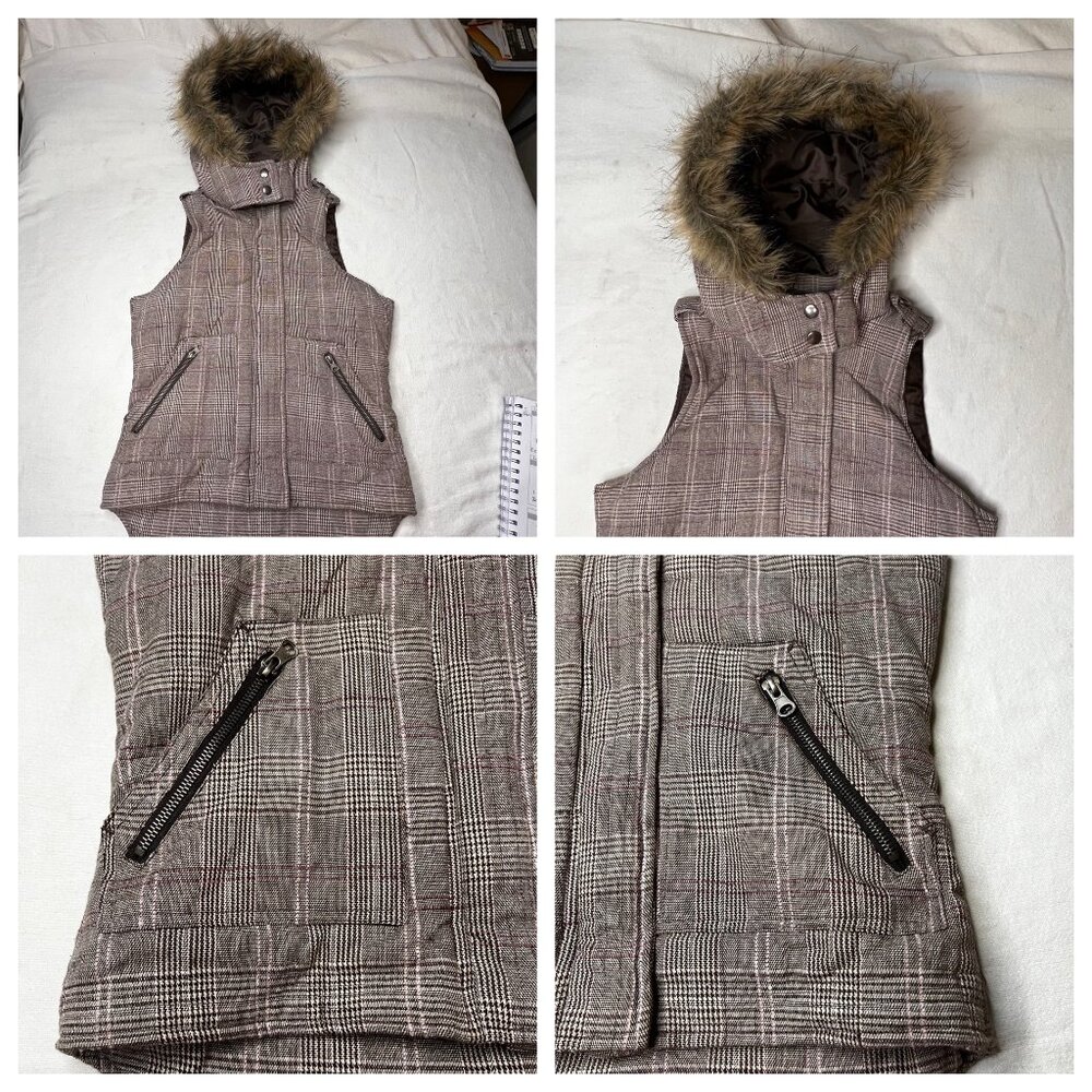 Charlotte Russe Plaid Puffer Vest Faux Fur Hood Brown S Snap Full Zip Pockets - Picture 16 of 16